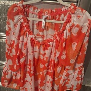 Orange and White Smocked Ruffled Blouse